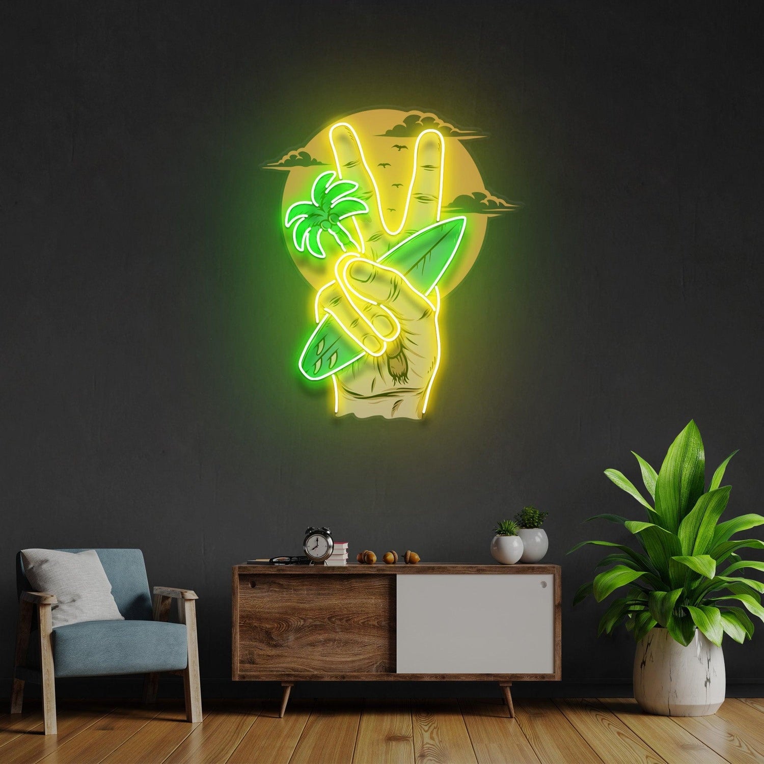 Beach V Hand Palm Tree Surfboard Uv Printed Led Neon Sign For Indoor Wall Art Decor | Shineneon
