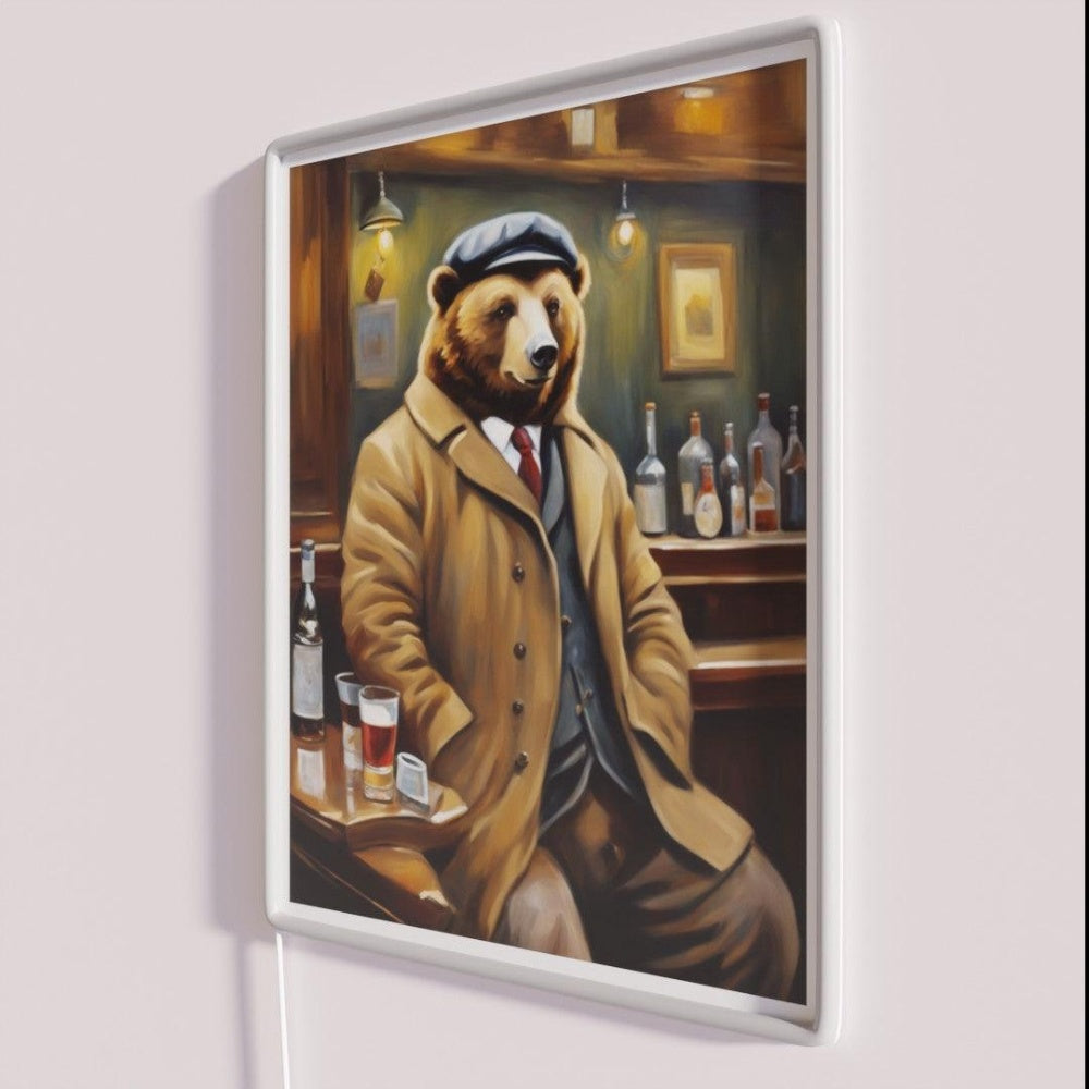 Bear In A Bar Oil Painting Style Rgb Led Neon Sign - Neon sign mounted on wall in room
