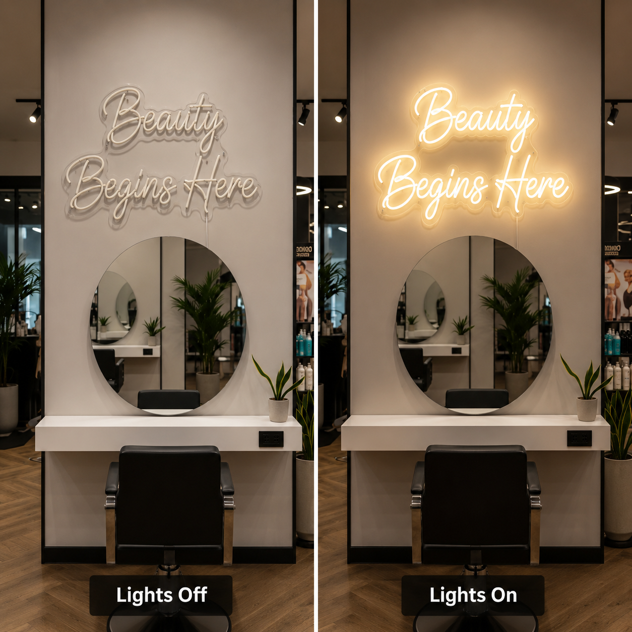 Beauty Begins Here LED Neon Sign - 06 Day Night Comparison