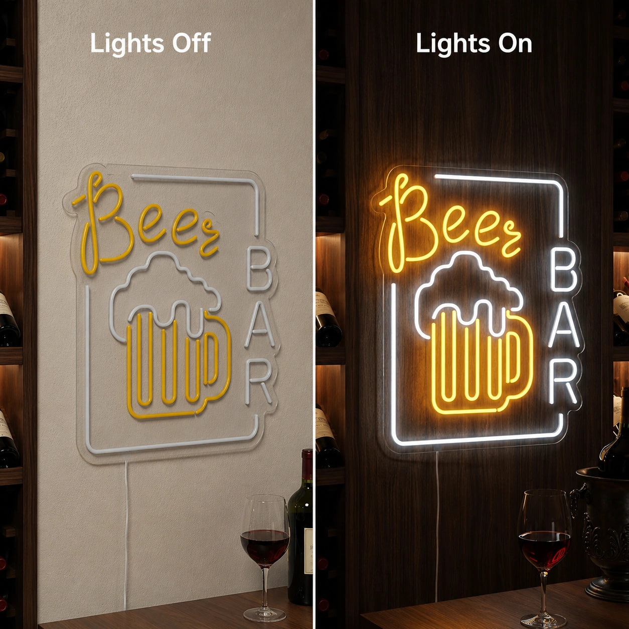 Beer Bar Bottle Shelf Neon Sign LED Neon Sign day and night comparison