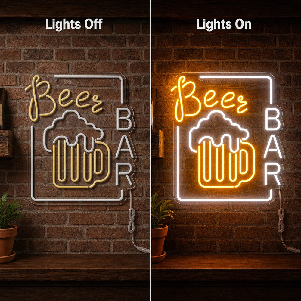 Beer Bar Mug Neon Sign LED Neon Sign day and night comparison