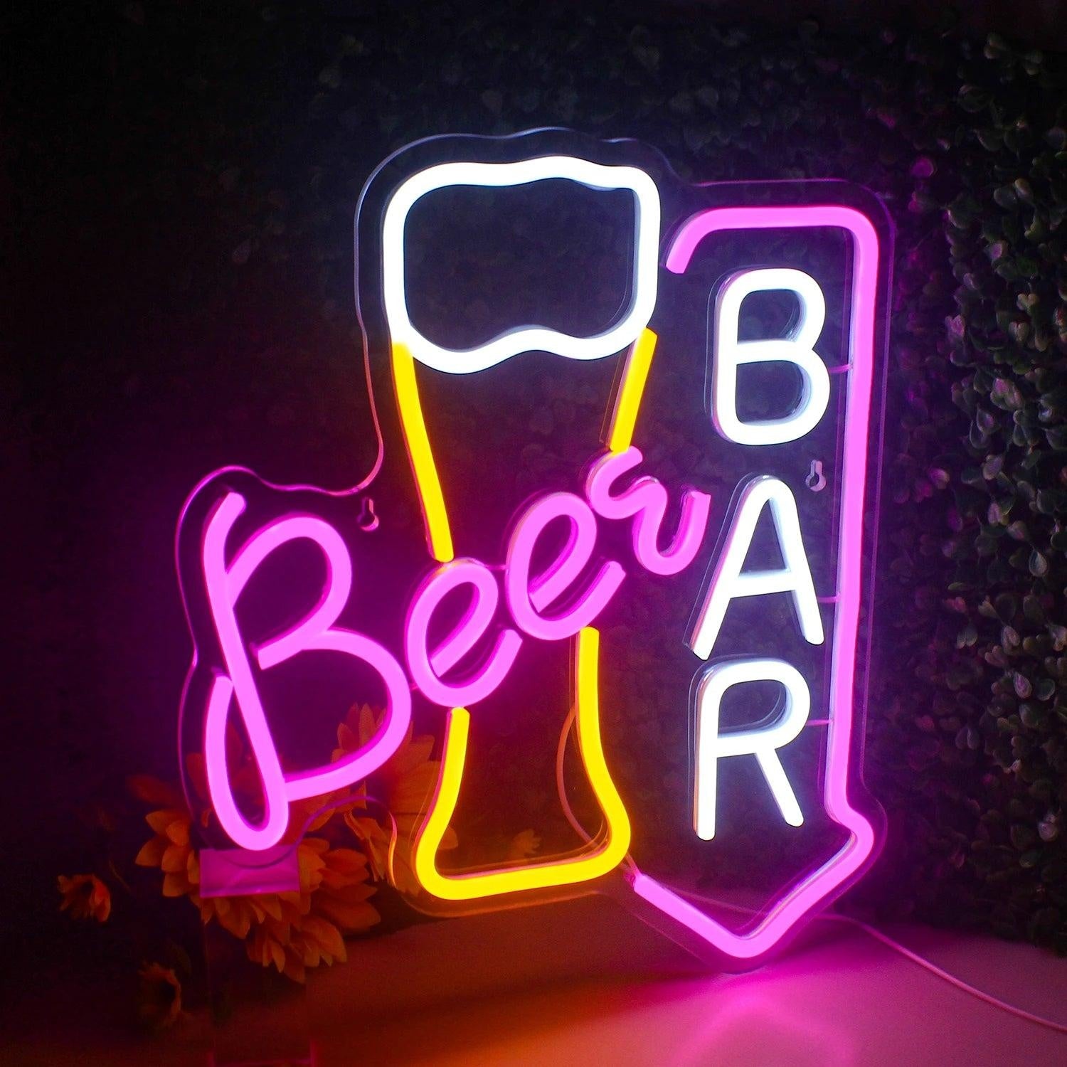 Beer Bar Pink Yellow White Led Neon Sign With Beer Cup Design Retro Bar Decor | Shineneon