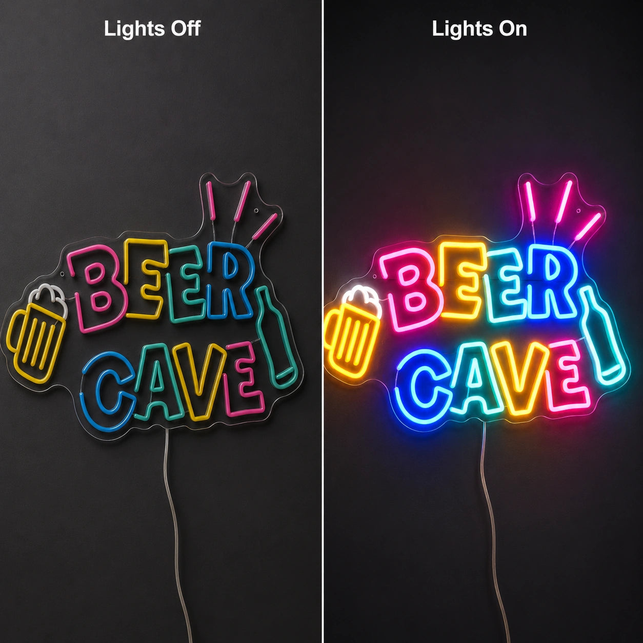 Beer Cave Neon Sign LED Neon Sign day and night comparison
