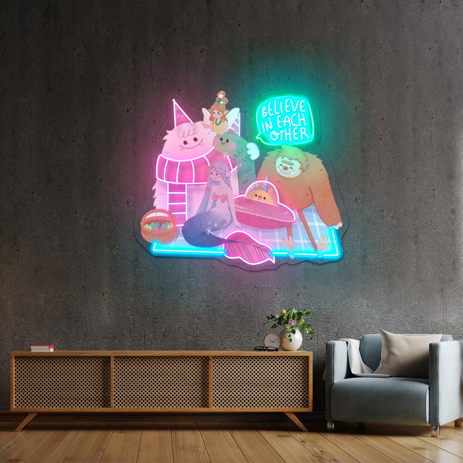 Believe In Each Other Big Foot Mermaid Fairy Alien Yeti Monster Neon Signs