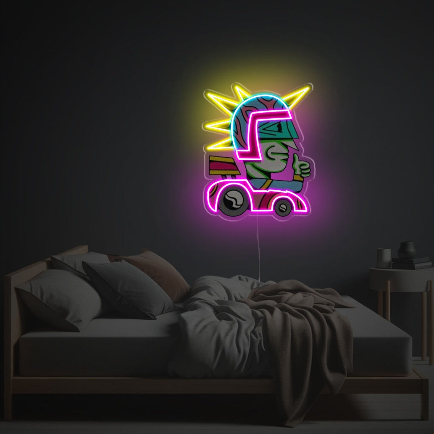 Big Head Man With Race Car Led Neon Acrylic Artwork | Shineneon