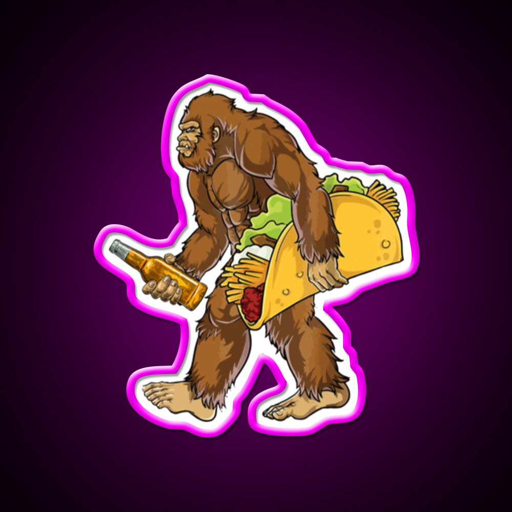 Bigfoot Carrying Taco And Beer Bar Decor Led Neon Sign Rgb Color - Neon sign mounted on wall in room