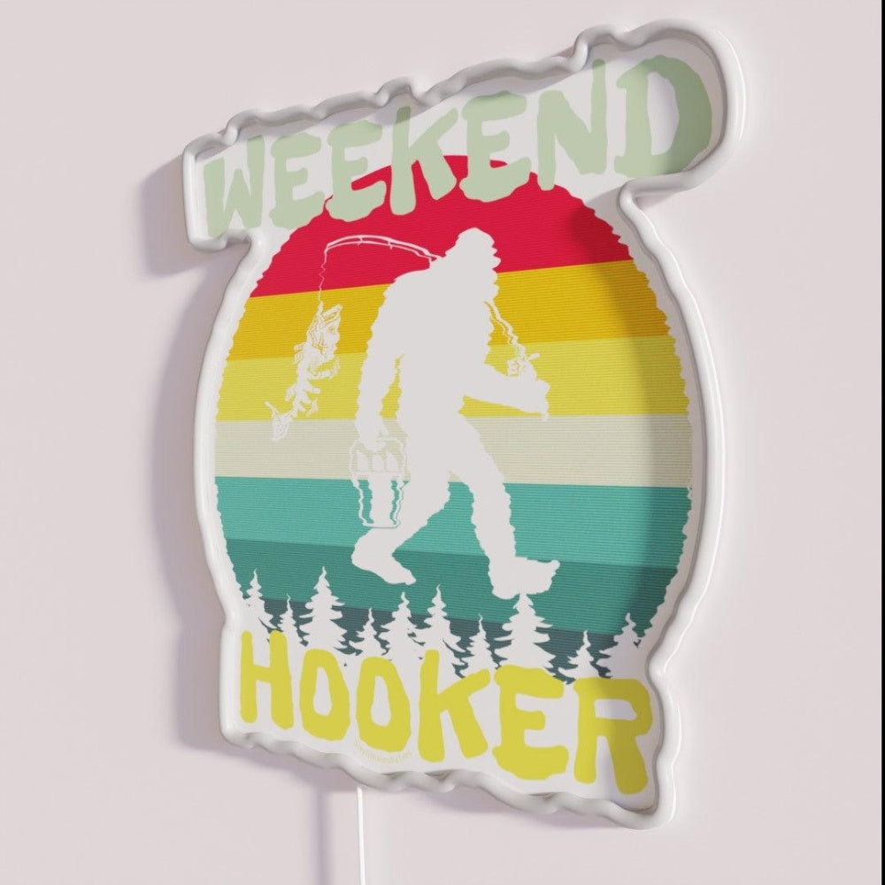 Bigfoot Fishing Weekend Hooker Retro Sunset Rgb Led Neon Sign - Neon sign mounted on wall in room