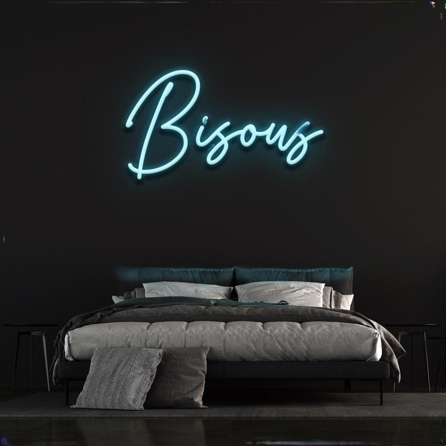 Bisous Light Blue Led Neon Sign For Bedroom D Ecor French Kiss Word Art In Style | Shineneon