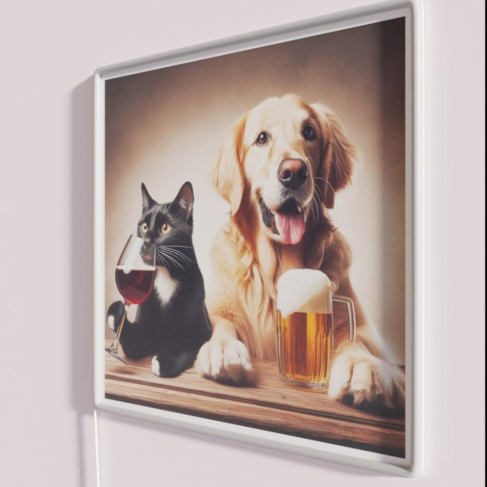 Black Cat And Golden Retriever Rgb Led Neon Sign - Neon sign mounted on wall in room