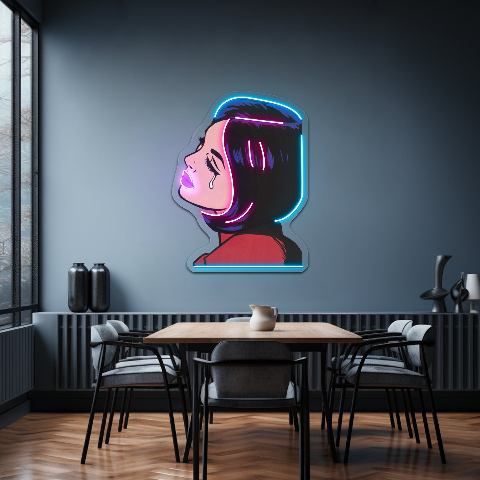 Black Hair Crying Comic Girl Artwork Led Neon Sign