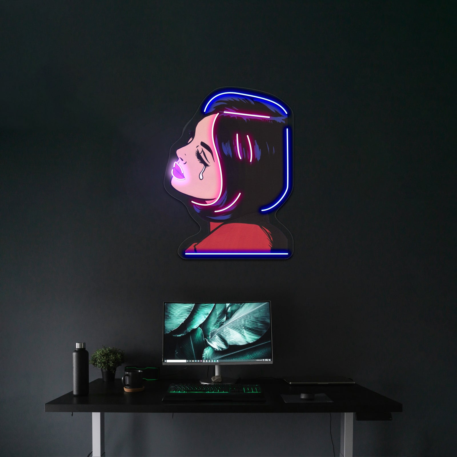 Black Hair Crying Comic Girl Artwork Led Neon Sign