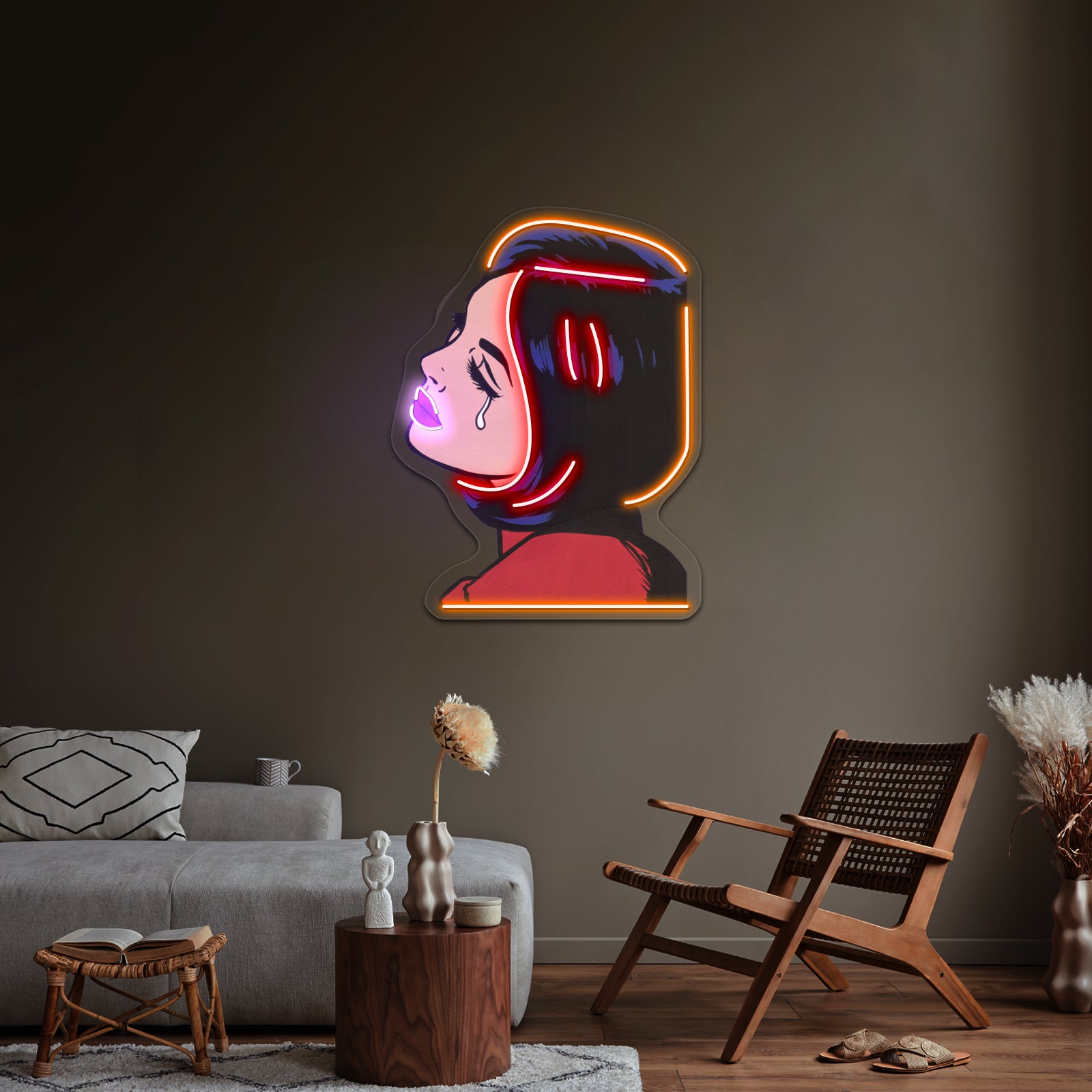 Black Hair Crying Comic Girl Artwork Led Neon Sign