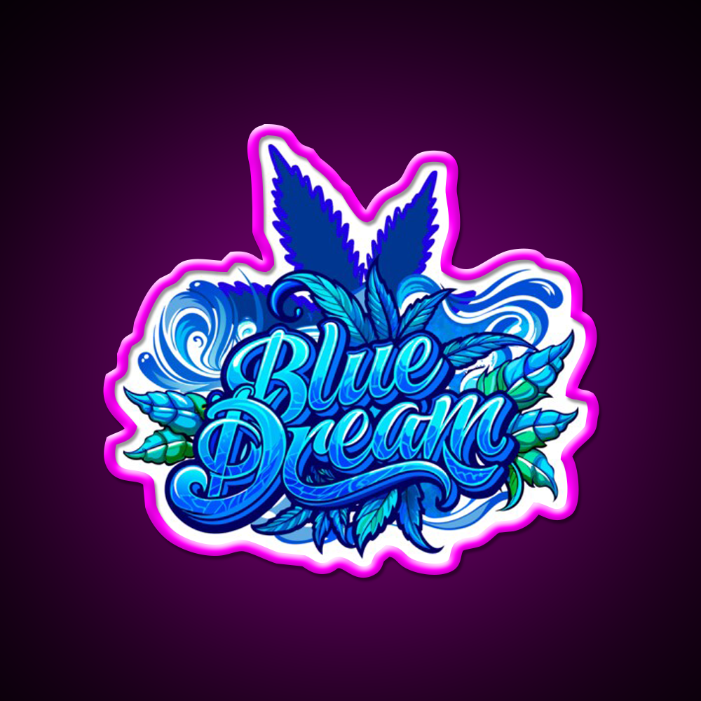 Blue Dream Hemp Inspired Green Leaf Led Neon Sign Rgb Color - Neon sign mounted on wall in room