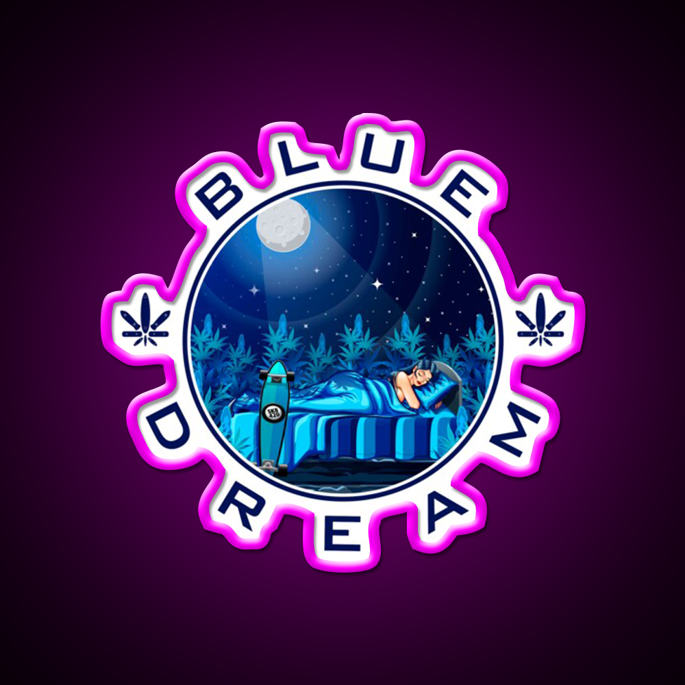 Blue Dream Weed Hemp Inspired Green Leaf Led Neon Sign Rgb Color - Neon sign mounted on wall in room