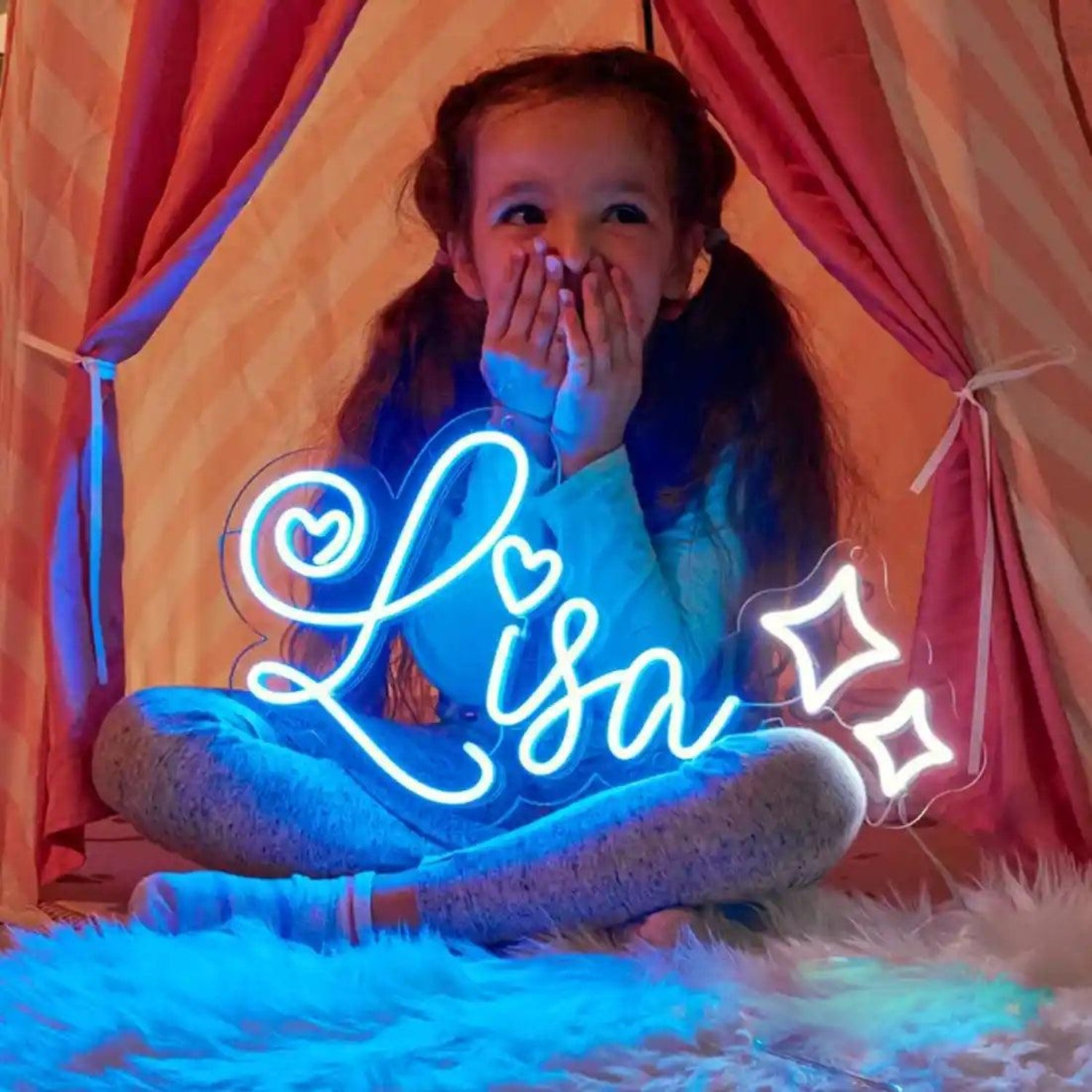 Blue Lisa Name LED Neon Sign with Hearts and Stars for Kids Room Decor | Shineneon