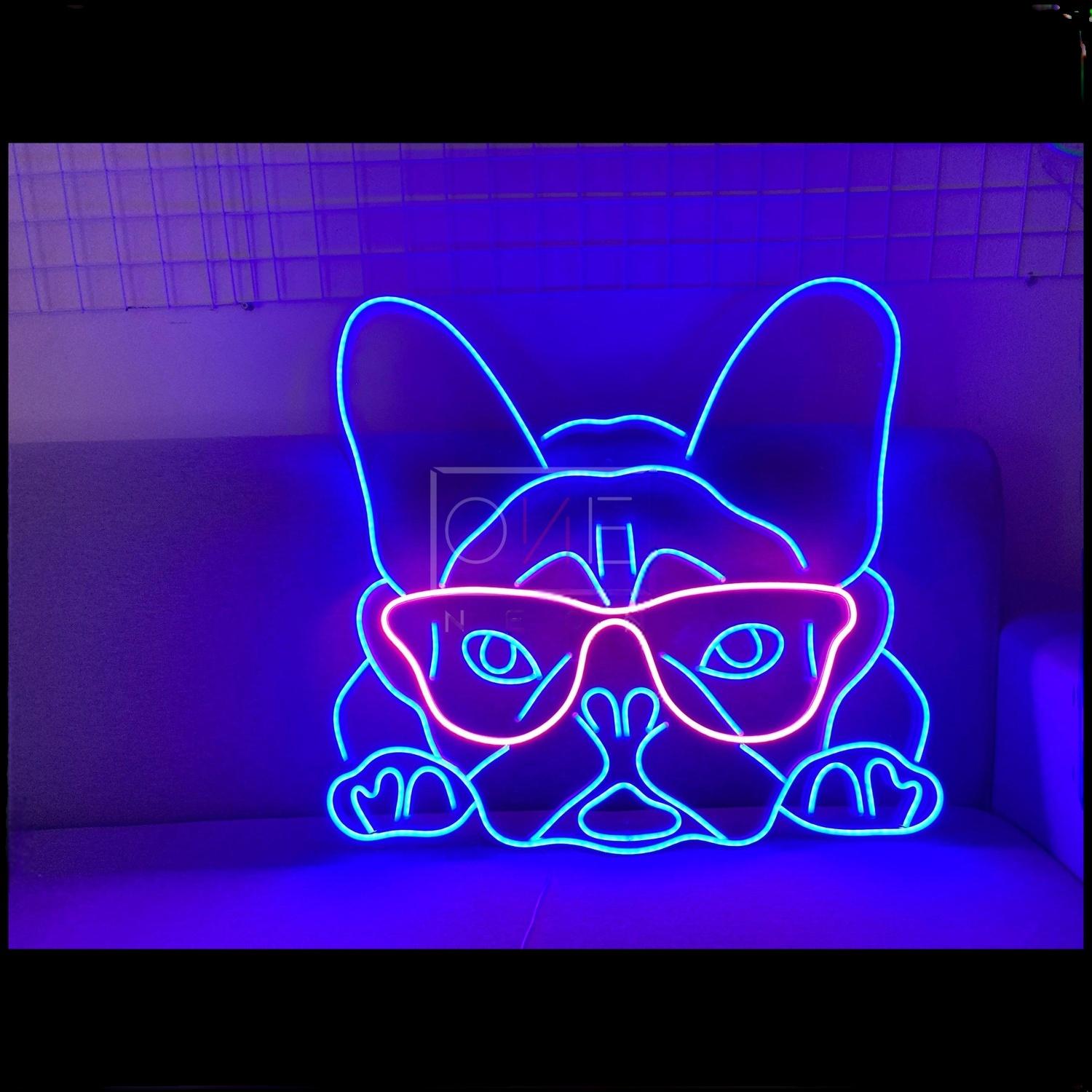 Blue Pink French Bulldog With Glasses Led Neon Sign For Home Decor | Shineneon