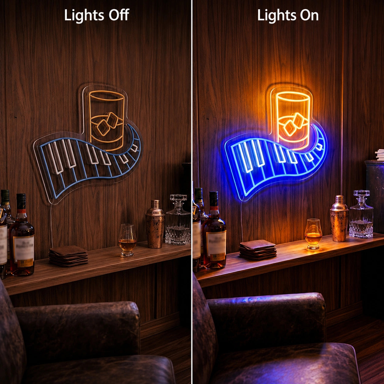 Blue Pour Tumbler Neon Sign LED Neon Sign day and night comparison