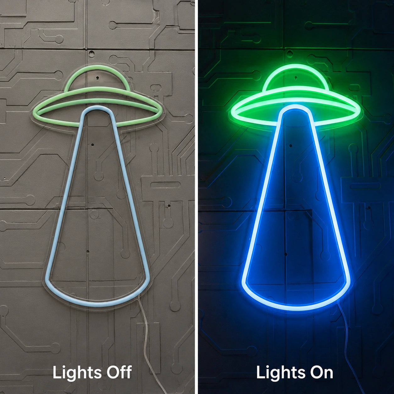 Blue UFO Beam Neon Sign LED Neon Sign day and night comparison