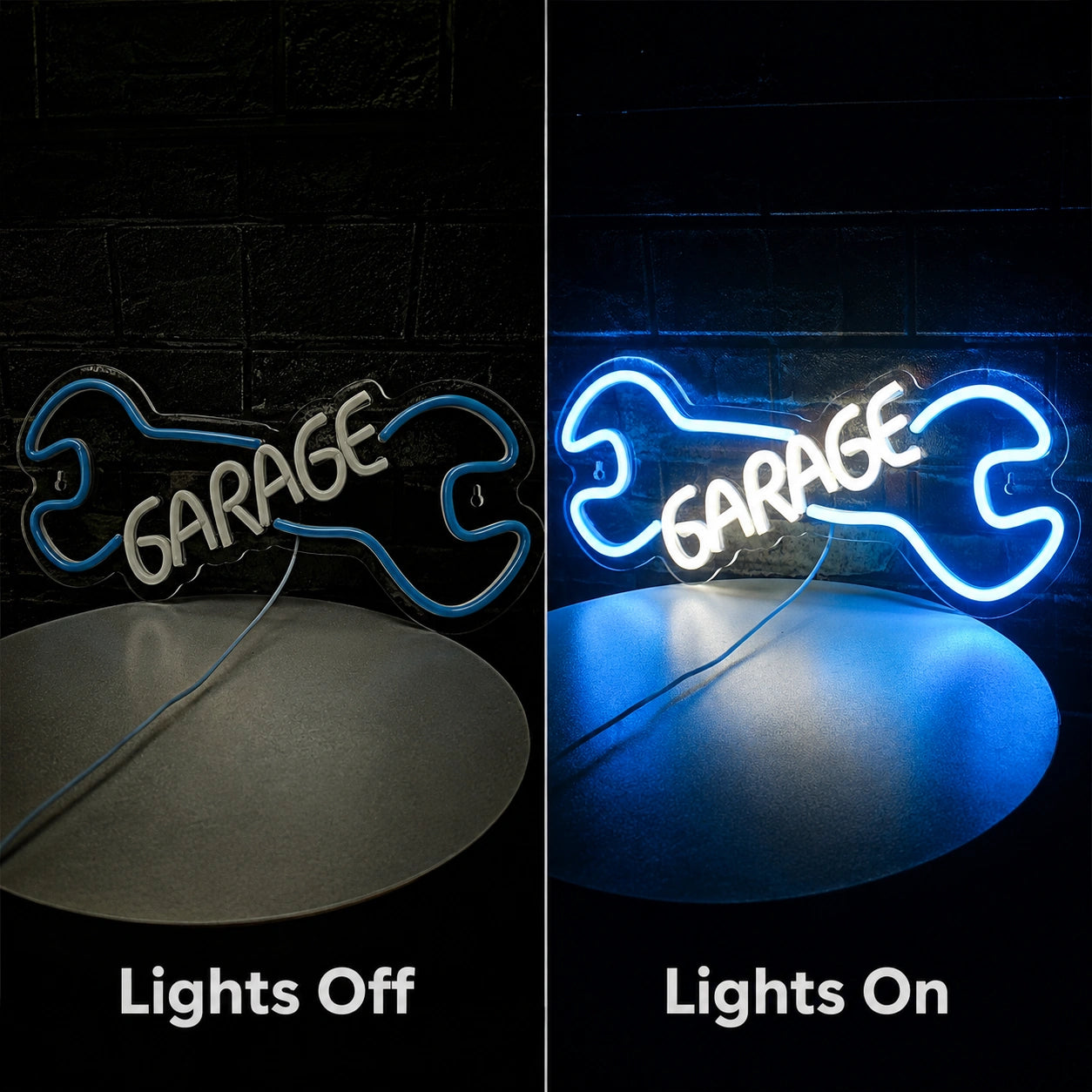 Blue Wrench Garage Neon Sign LED Neon Sign day and night comparison
