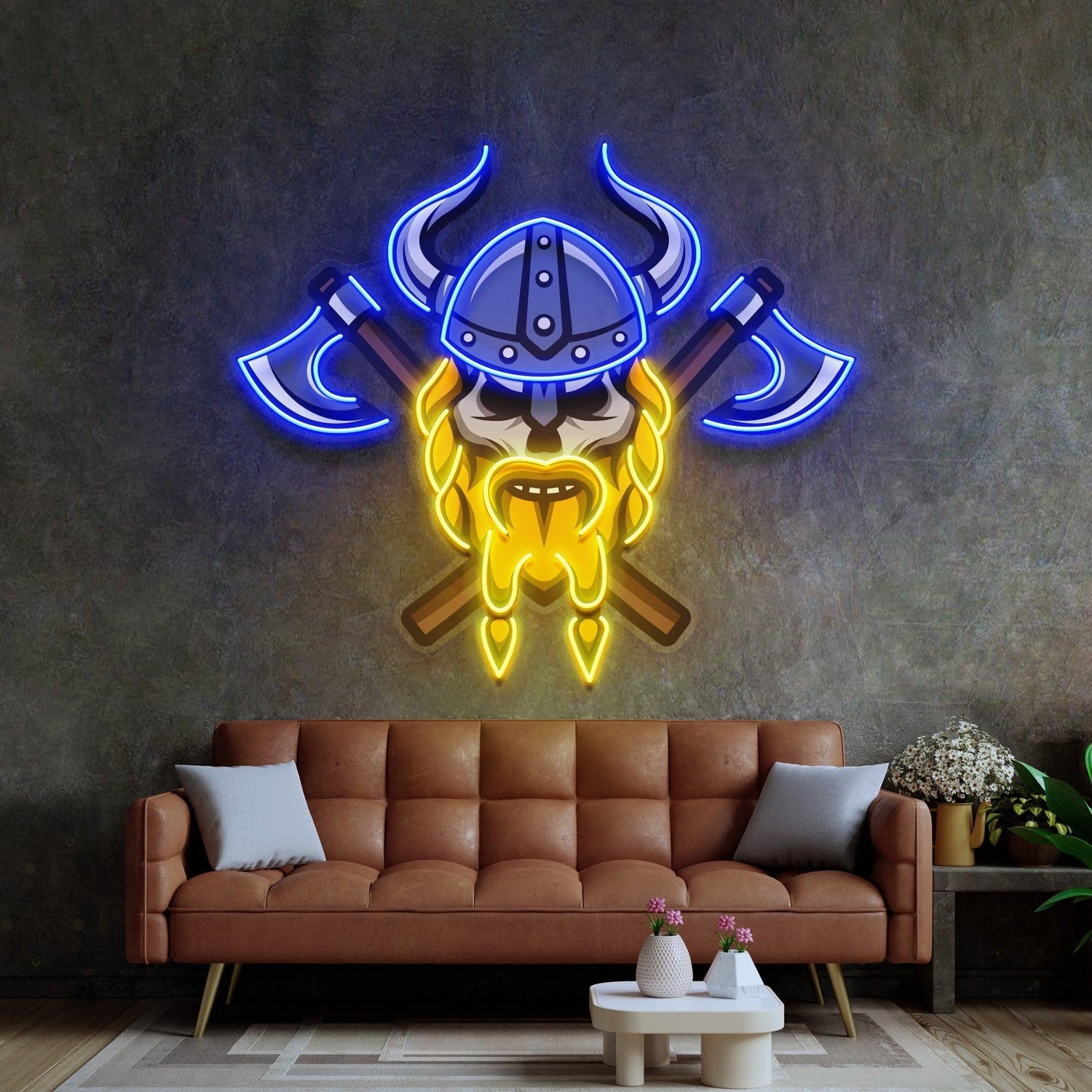 Blue-Yellow Skull Viking Warrior Uv Printed Led Neon Sign Artwork For Home Bar Decor | Shineneon