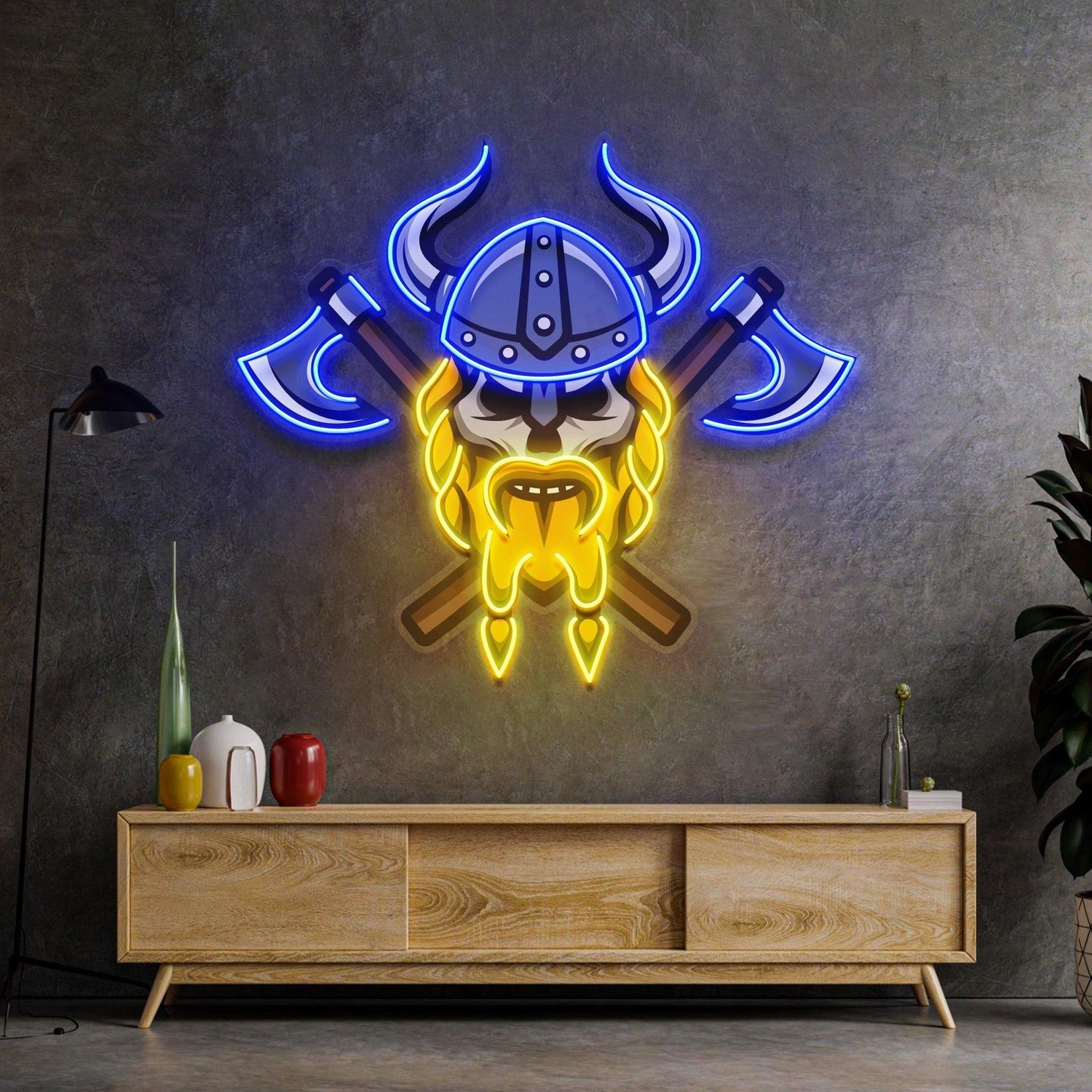 Blue-Yellow Skull Viking Warrior Uv Printed Led Neon Sign Artwork For Home Bar Decor | Shineneon