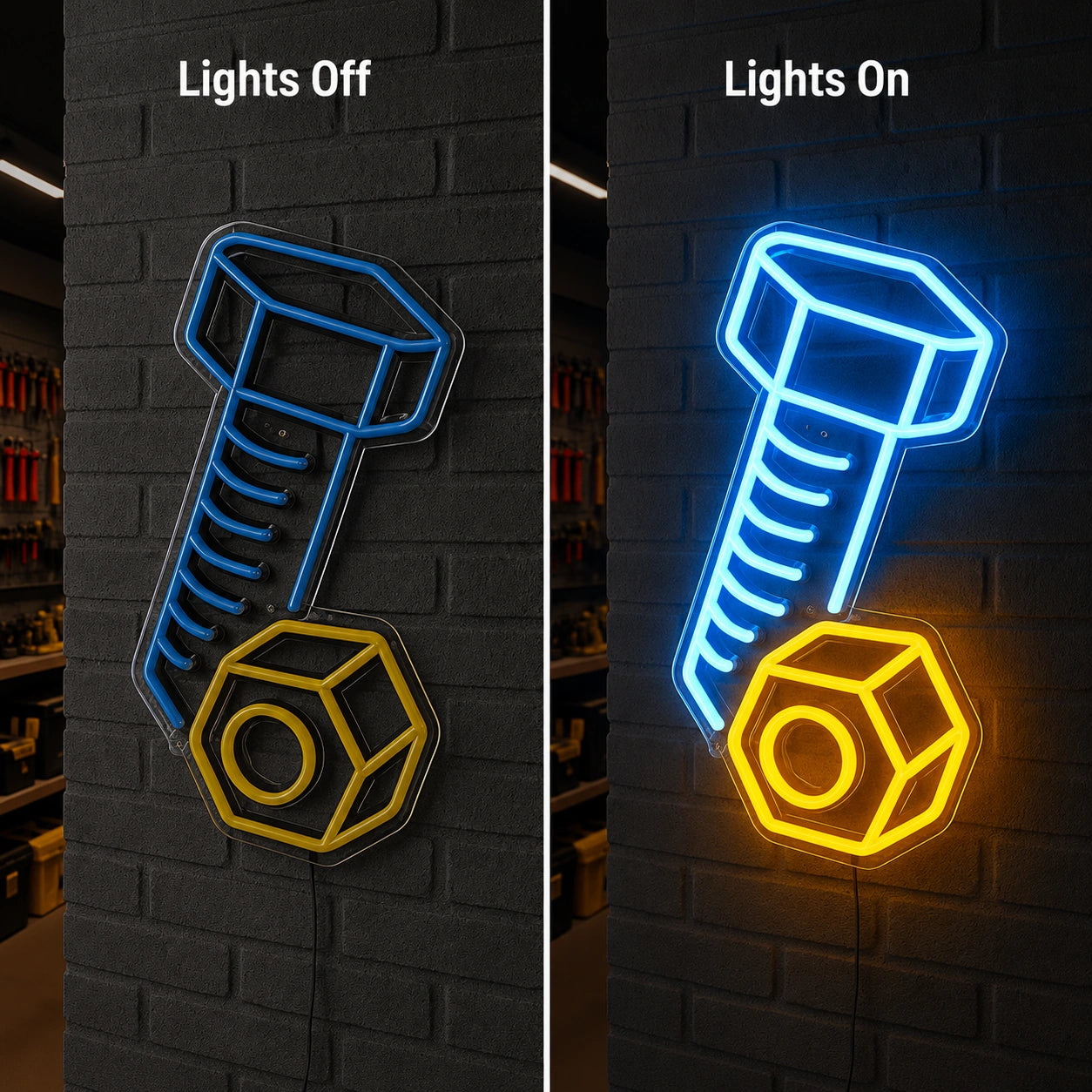 Bolt And Nut Neon Sign LED Neon Sign day and night comparison