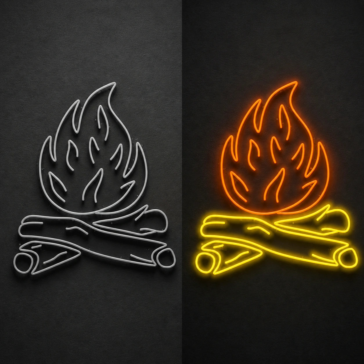 Bonfire Dark Wall Vintage LED Neon Sign day and night comparison