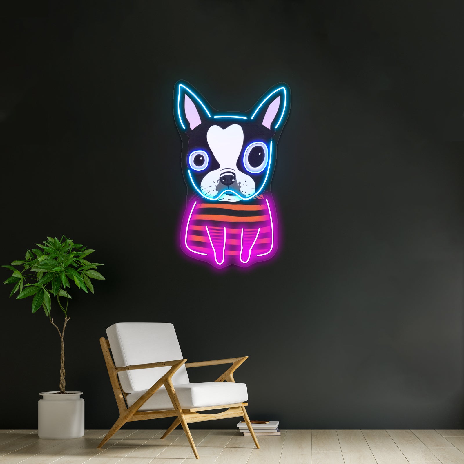 Boston Terrier Striped Artwork Led Neon Sign
