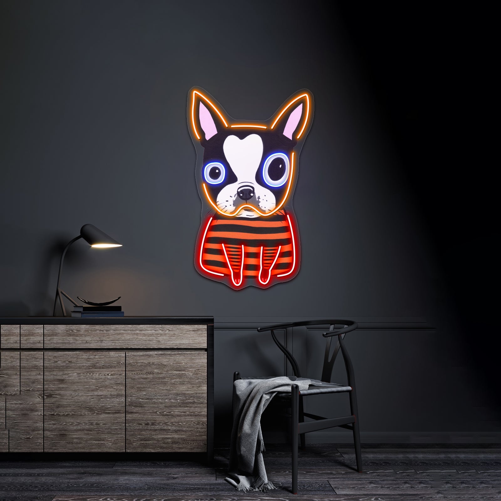 Boston Terrier Striped Artwork Led Neon Sign