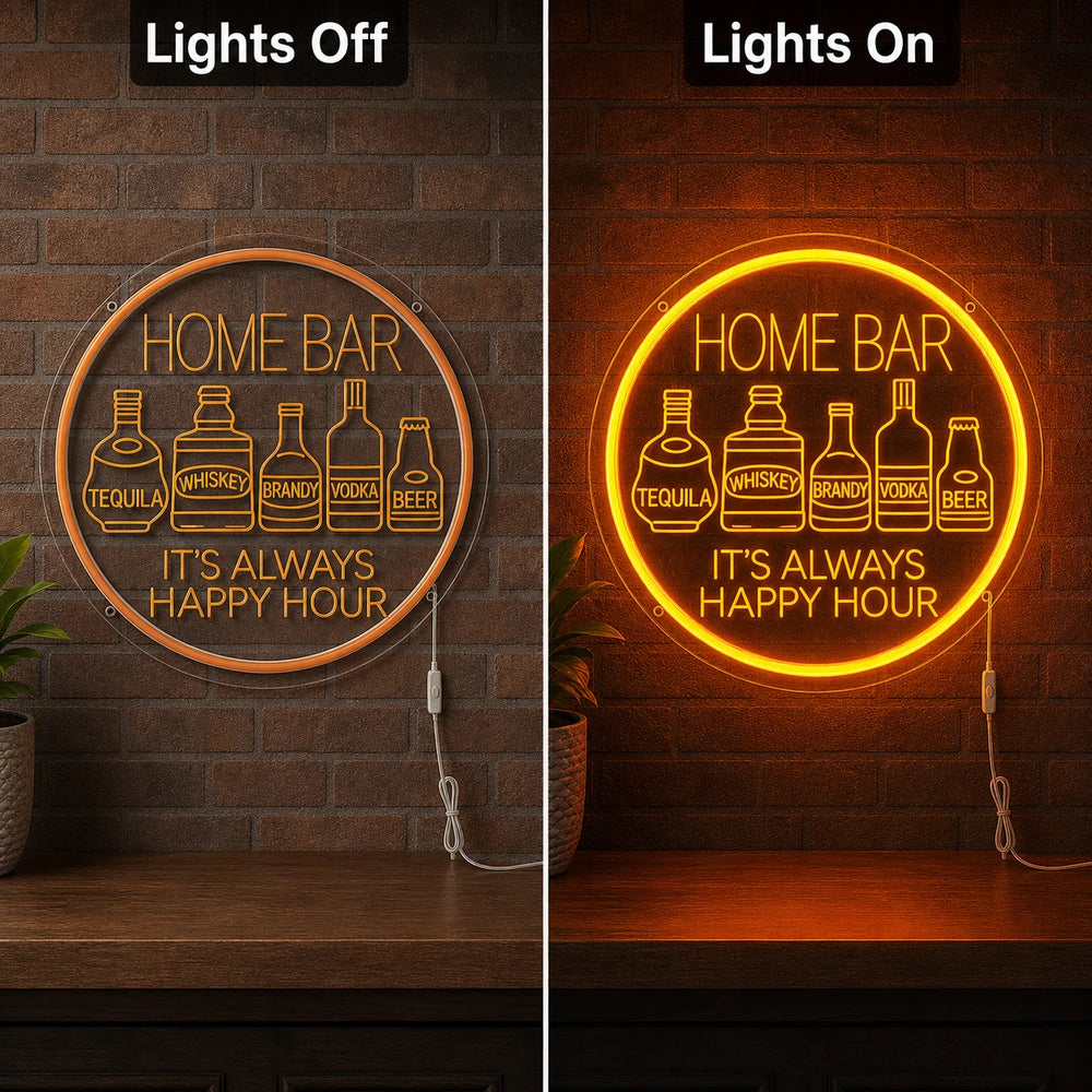 Bottles Happy Hour Neon Sign LED Neon Sign day and night comparison