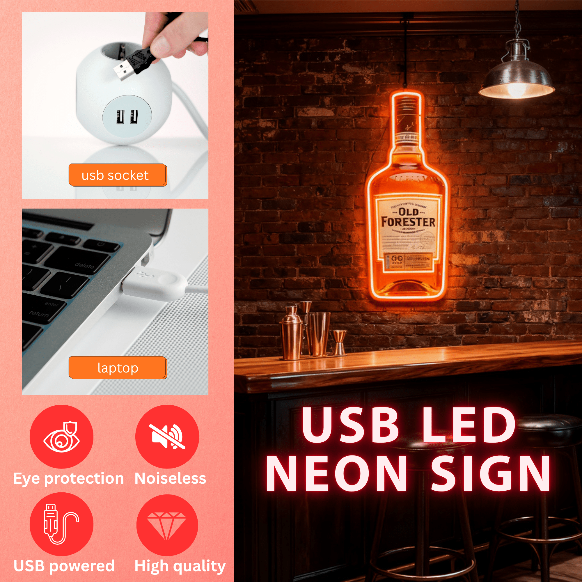 Bourbon Whiskey USB LED Neon Sign Bar Decor Man Cave Home Wall Art - Shineneon