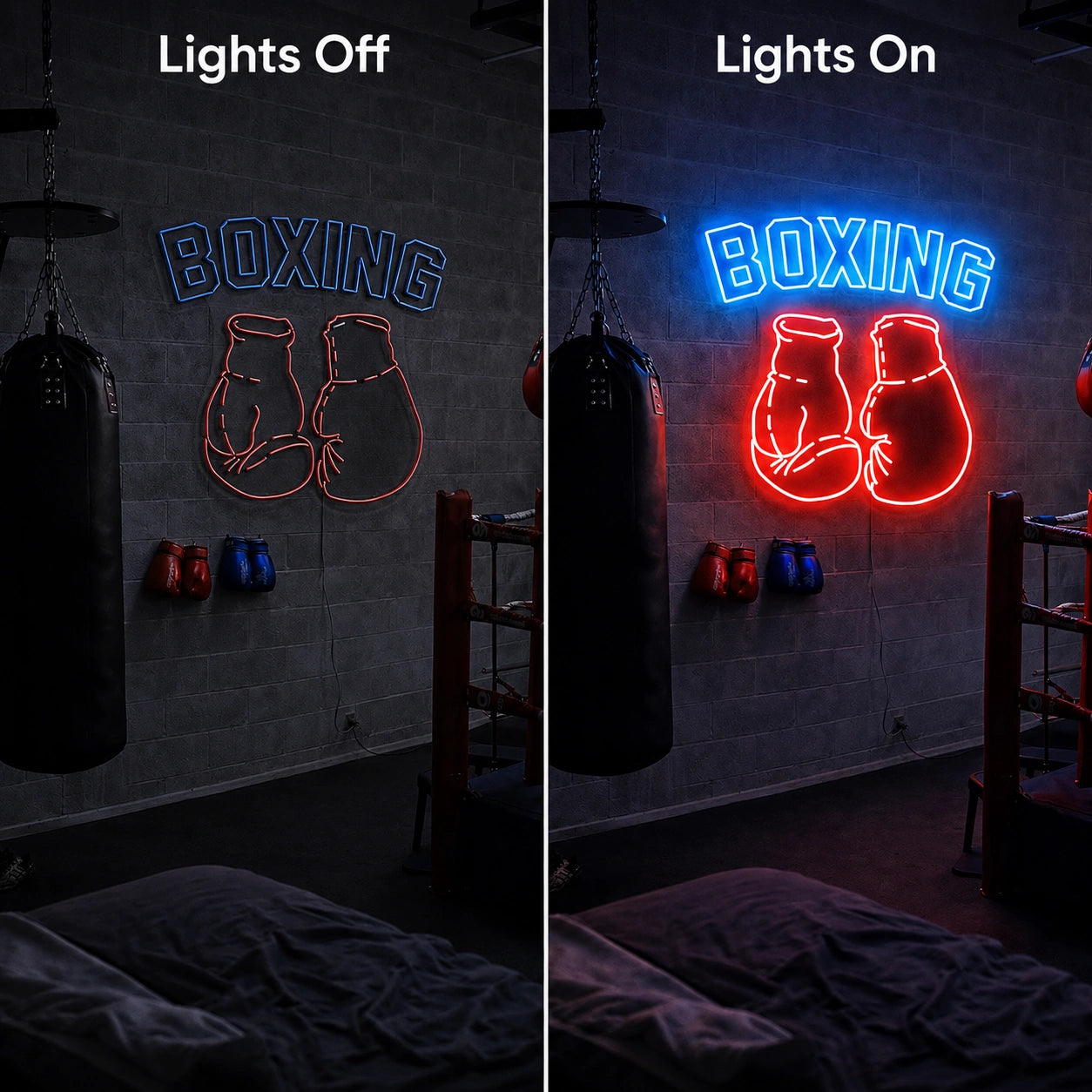 Boxing Room Gloves Neon Sign LED Neon Sign day and night comparison