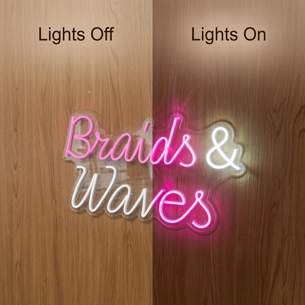 Braids And Waves LED Neon Sign - 06 Day Night Comparison