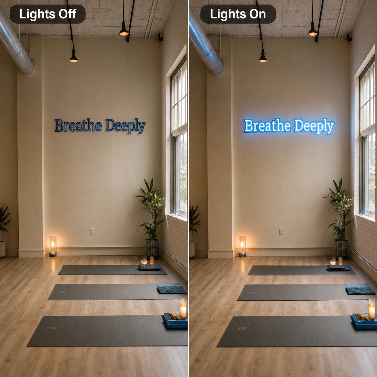 Breathe Deeply LED Neon Sign - 06 Day Night Comparison