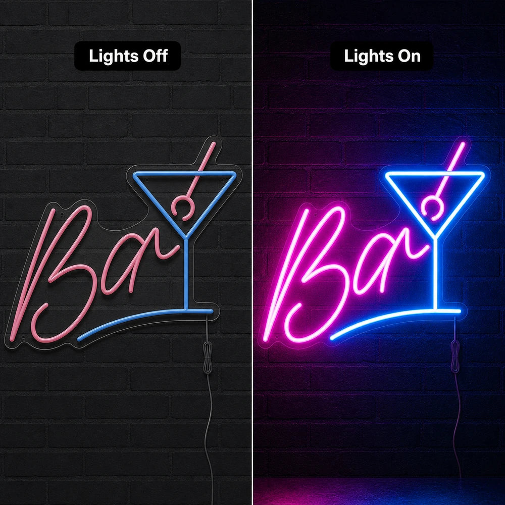 Brick Martini Bar Neon Sign LED Neon Sign day and night comparison