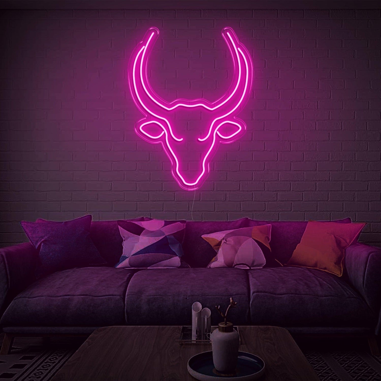 Bright Pink Bull Head Outline Led Neon Sign For Living Room Wall Art | Shineneon