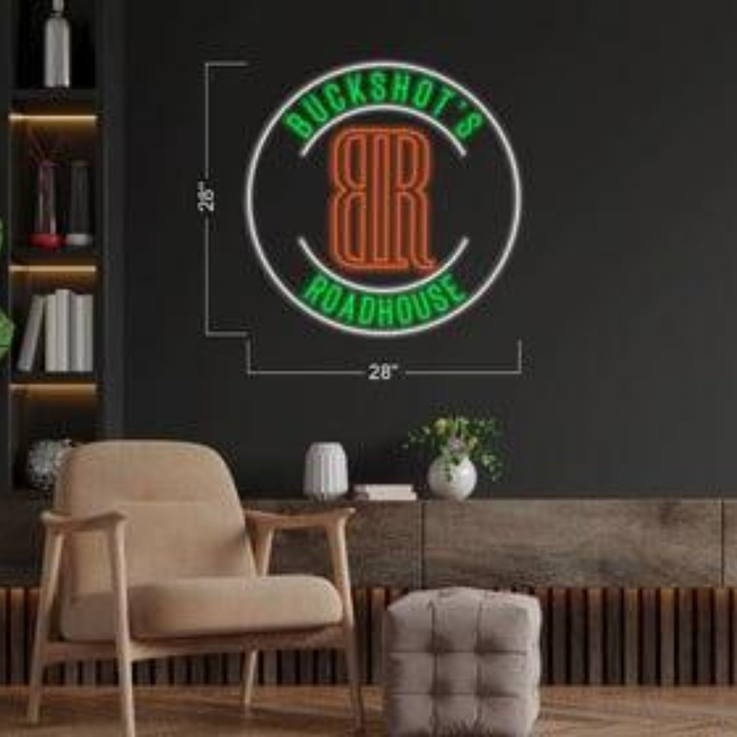 Buckshots Roadhouse Retro Green Orange White Circular Led Neon Sign For Indoor Bar Decor | Shineneon