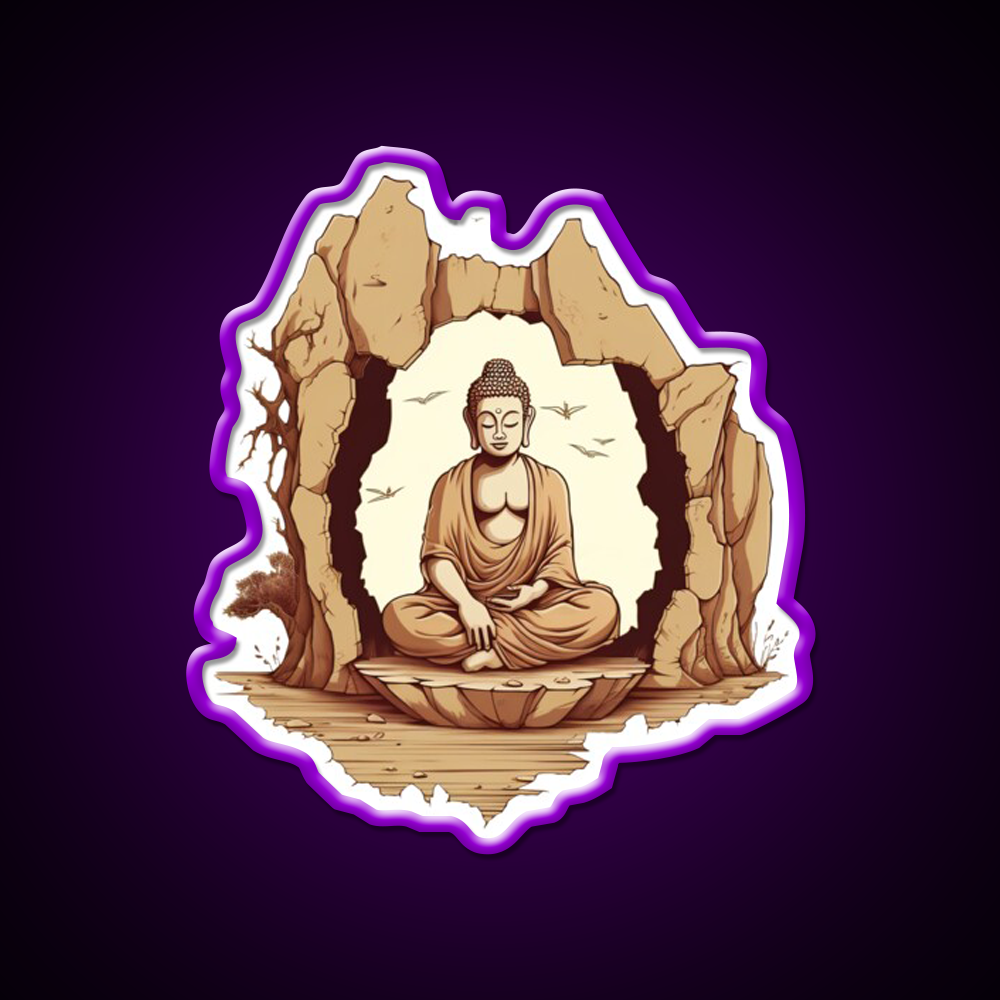 Buddha Sitting On A Stone In A Meditative Illustration Yoga Led Neon Sign Rgb Color