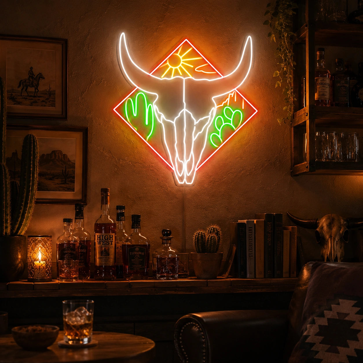 Bull Skull Cactus And Desert Sun LED Neon Sign real lifestyle scene