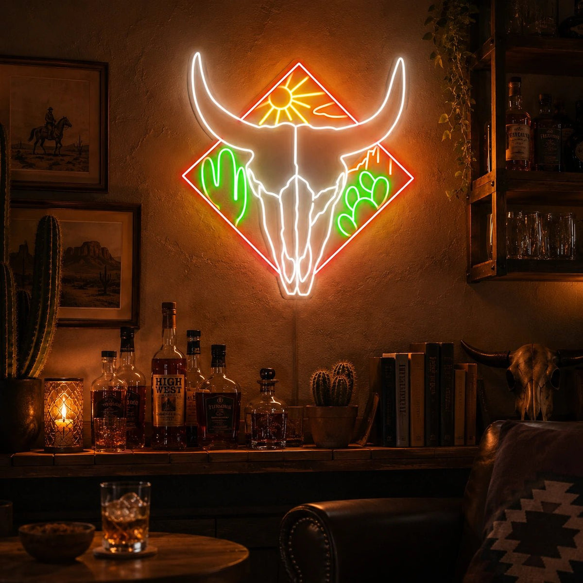 Bull Skull Cactus And Desert Sun LED Neon Sign - Shineneon
