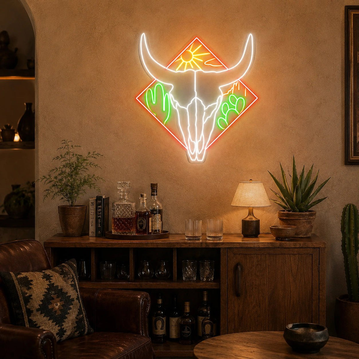 Bull Skull Cactus And Desert Sun LED Neon Sign - Shineneon