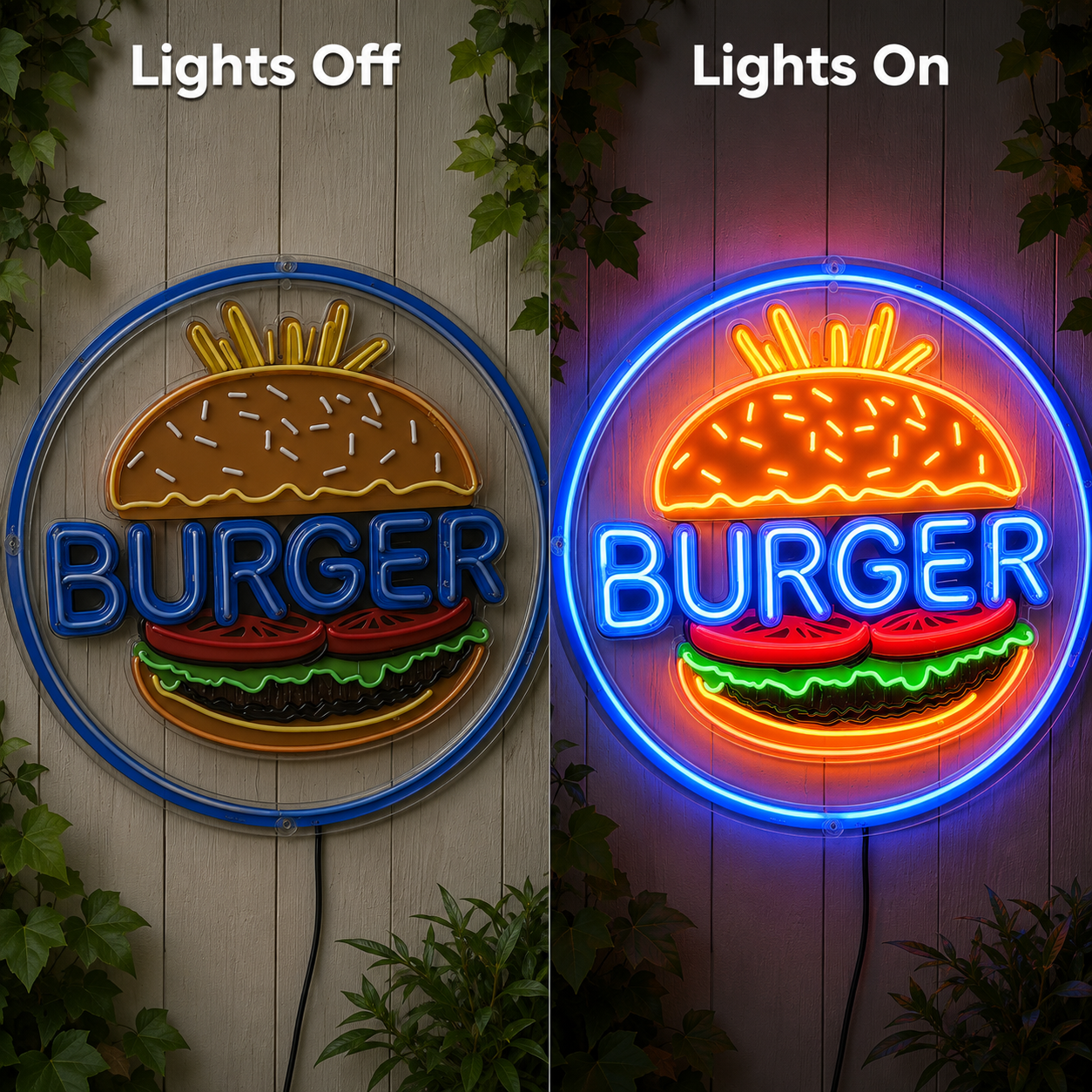Burger LED Neon Sign - 06 Day Night Comparison