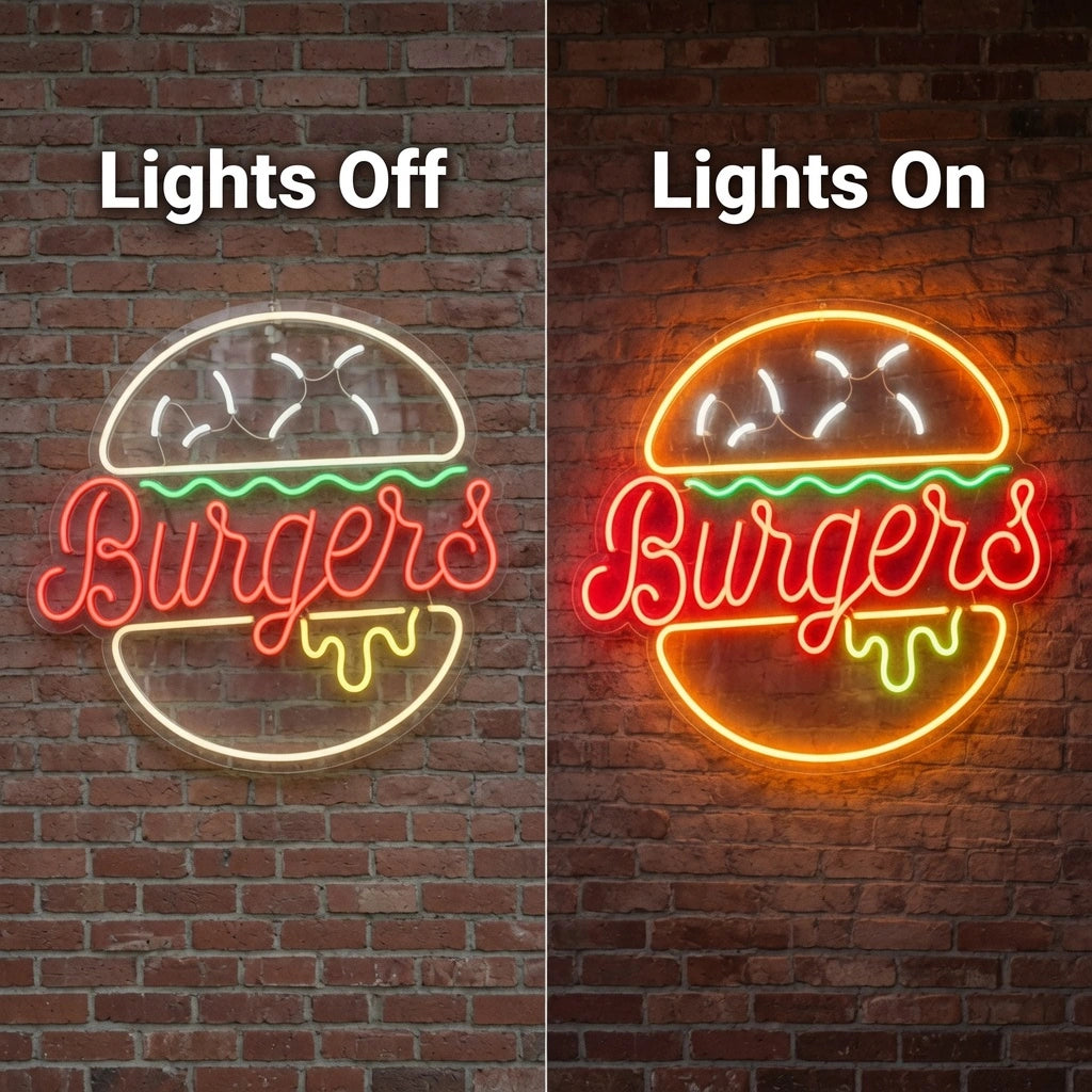 Burgers Wall Art LED Neon Sign - 06 Day Night Comparison