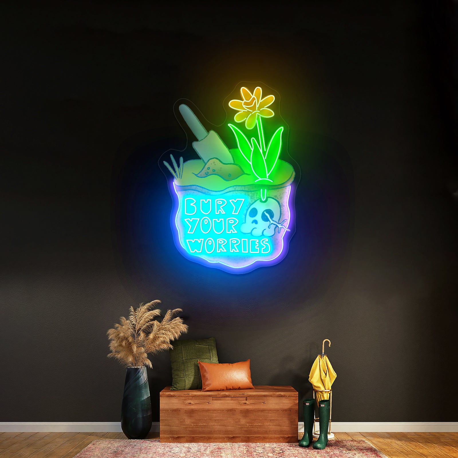 Bury Your Worries Skull Plant Neon Signs