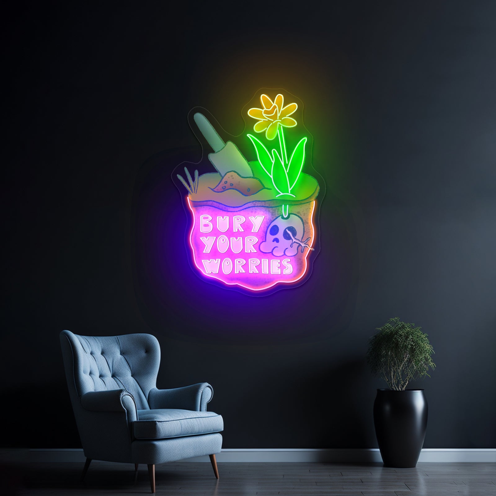 Bury Your Worries Skull Plant Neon Signs