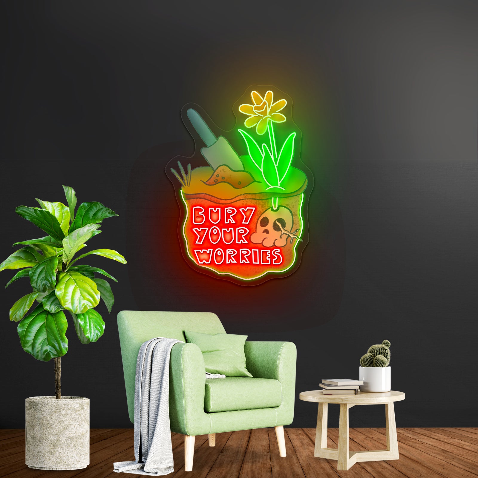 Bury Your Worries Skull Plant Neon Signs