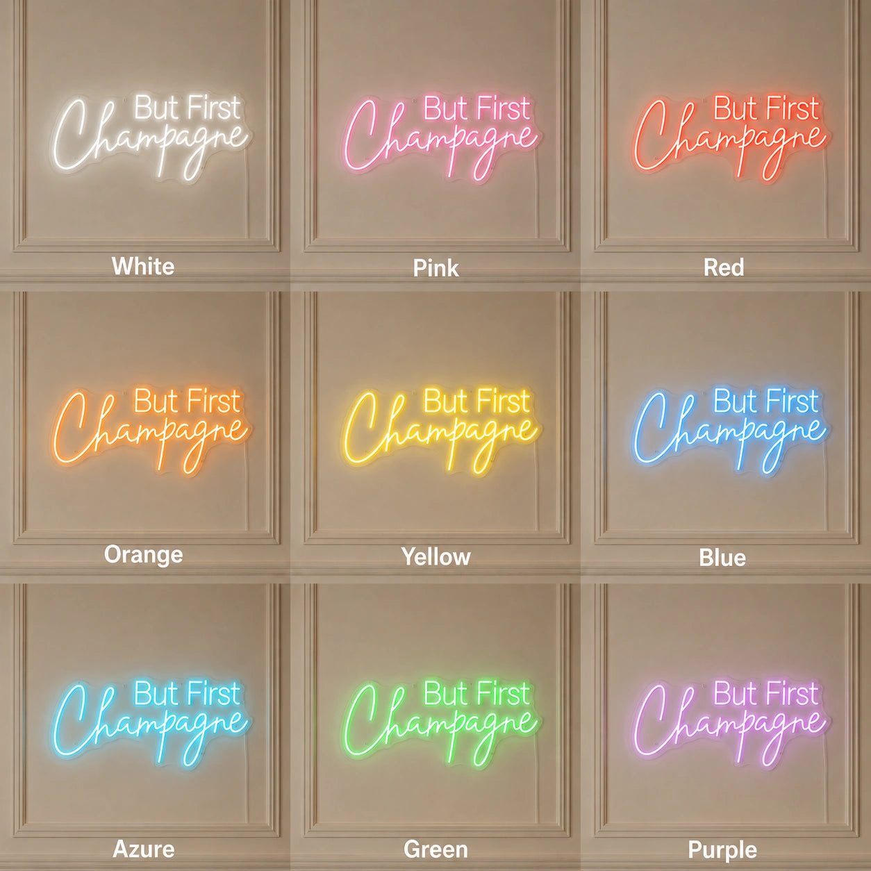 But First Champagne LED Neon Sign day and night comparison