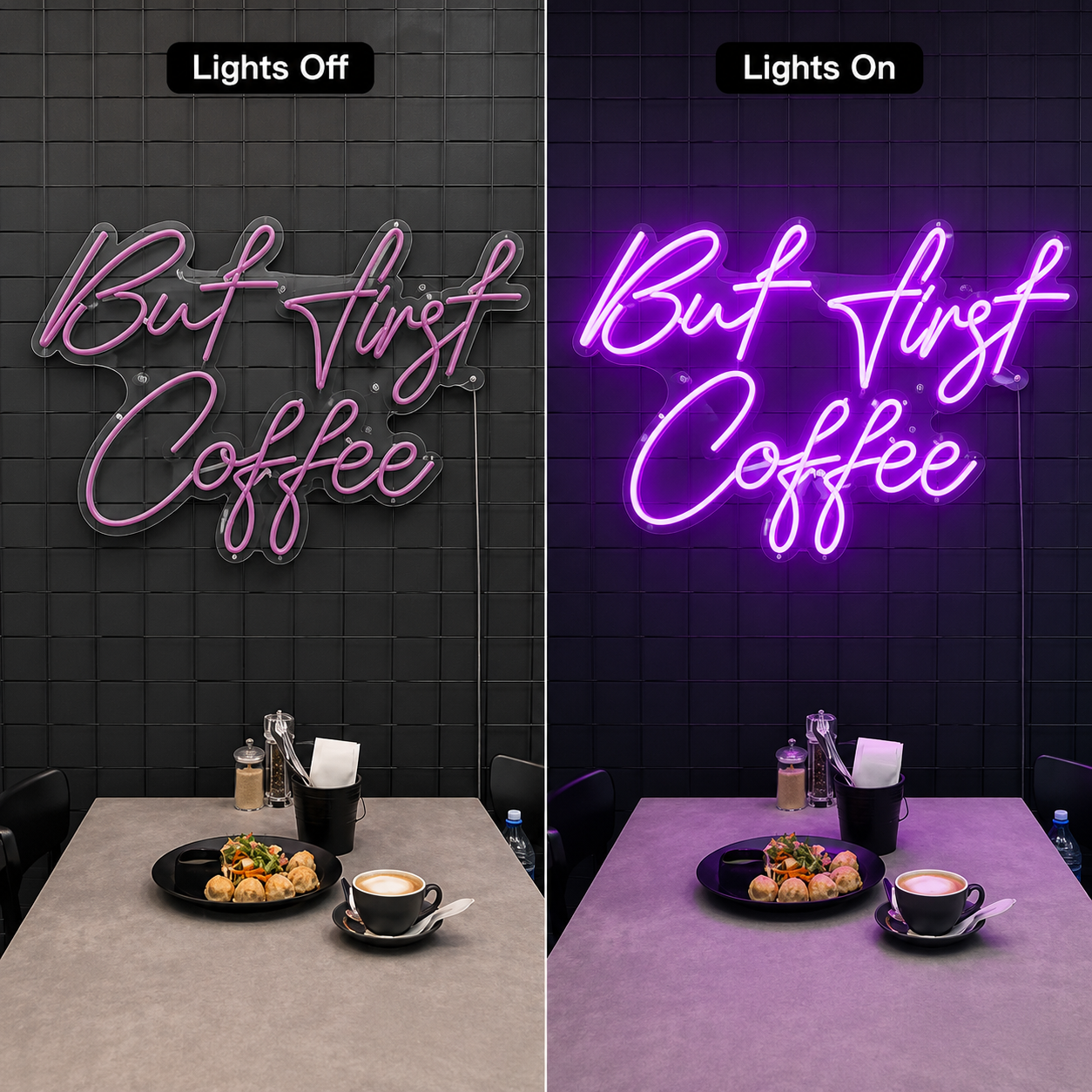 But First Coffee LED Neon Sign Home Decor - 06 Day Night Comparison