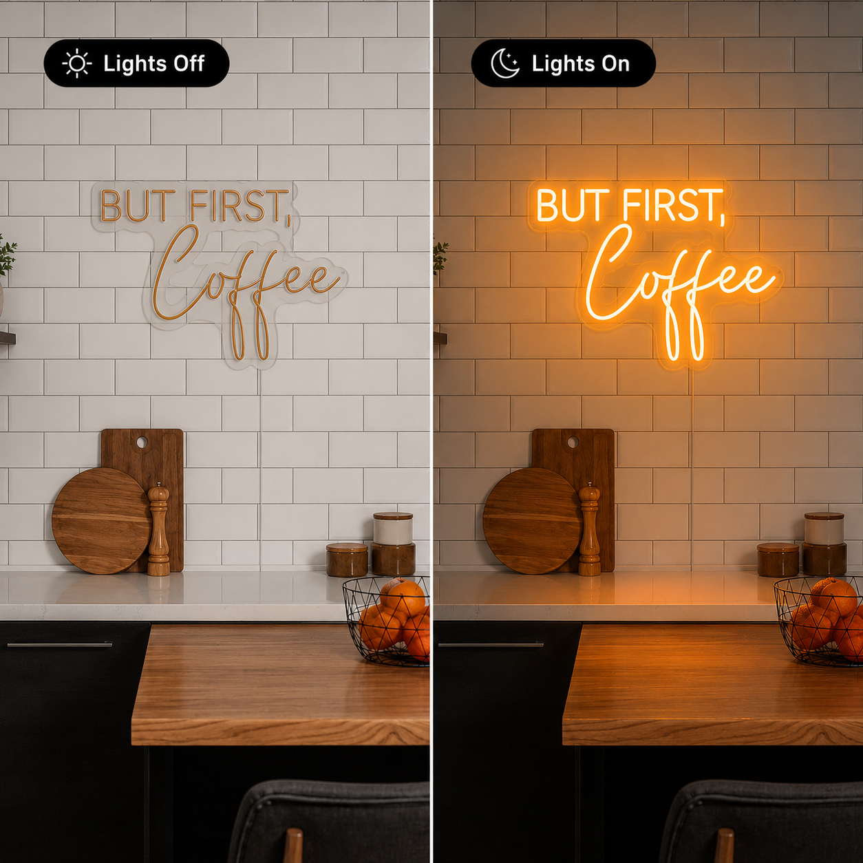 But First Coffee LED Neon Sign Wall Decor - 06 Day Night Comparison
