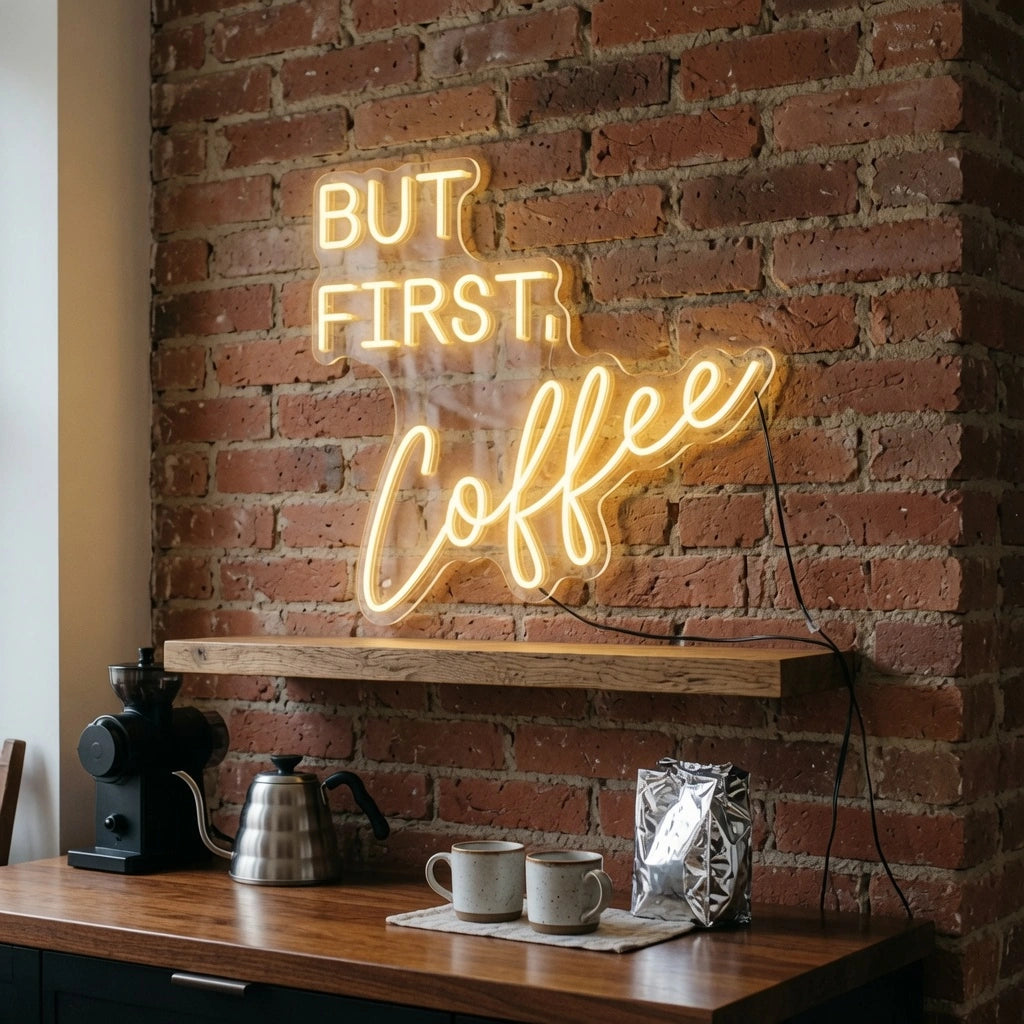 But First Coffee On A Brick Wall Decor LED Neon Sign - 03 Real Lifestyle Scene